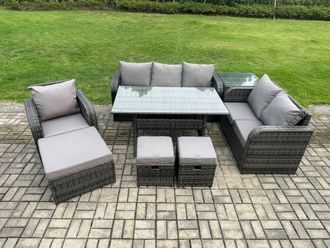 Fimous 8 Piece Rattan Garden Furniture Set with Patio Sofa Rectangular Dining Table Side Table 3 Small Footstools Indoor Conservatory Patio Set