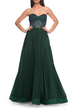La Femme A-Line Tulle Prom Dress with Rhinestone Fishnet Bodice in Dark Emerald at Nordstrom, Size 00