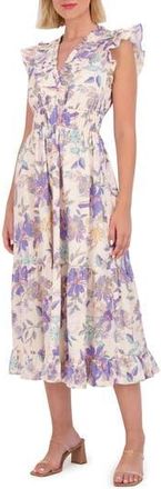 Vince Camuto Floral Ruffle Cotton Midi Dress in Blue at Nordstrom Rack, Size 10