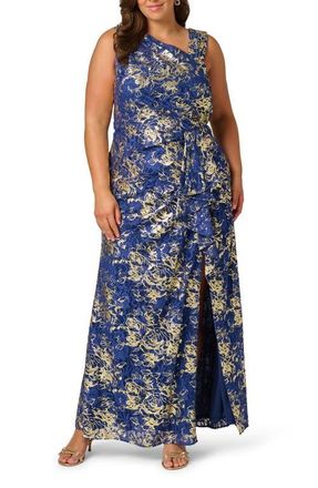Adrianna Papell Asymmetric Neck Lace Gown in Navy/Gold at Nordstrom, Size 18W