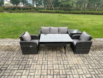 Fimous Wicker Rattan Garden Furniture Set Outdoor Rectangular Dining Table & Chair Sofa Set With Side Table in Dark Grey