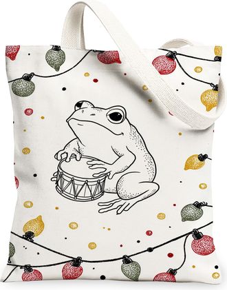Generic Christmas Amphibian Canvas Tote Bags, Retro Animal Print Lightweight Reusable Grocery Bags, Festive Holiday Eco-Friendly Ca, White, 13x15 Inch