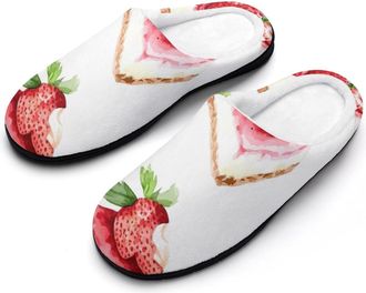 Generic Cheesecakes Strawberries Mens Warm Slippers Non-Slip Sole Winter Rubber Cotton Shoes for Bedroom
