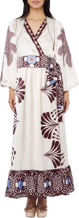 Ciebon Willow Print Long Sleeve Satin Maxi Dress in Cream Multi at Nordstrom, Size X-Small