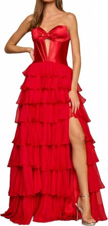 Sherri Hill Strapless Satin Corset Ball Gown In Red