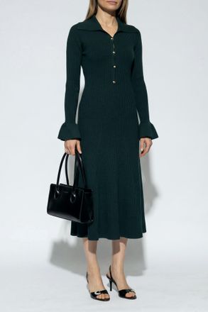 Self Portrait Ribbed Dress With Collar, Womens, Green