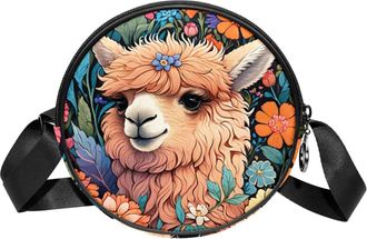 Generic Circle Crossbody Bag for Women, Color Drawing Alpaca Small Sling Bag Daypack with Zipper Adjustable Shoulder Straps Casual Ladies Girls Round Purse