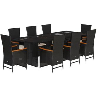 vidaXL Set De Comedor De Jard&iacute;n 9 Pzas Y Cojines Rat&aacute;n Sint&eacute;tico Negro Vidaxl