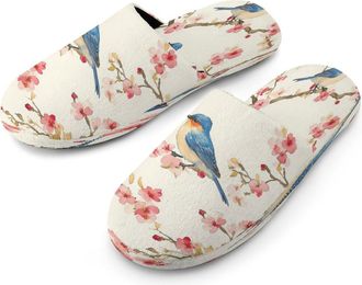 Generic Bluebirds Perched on Cherries Flowers Mens Cotton Slippers Memory Foam Comfort House Shoes Winter Indoor Slipper for Hotel Casa Spa