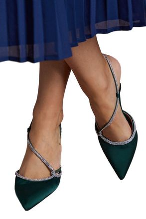 Coast Kimmie Satin Diamante Asymmetric Strap Pointed High Stiletto Heel Court Shoes, 3, Emerald