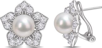 Amour 8.5-9mm Freshwater Cultured Pearl and 2 3/4 CT TGW Created White Sapphire Floral Earrings In Sterling Silver