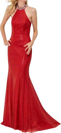 Angela & Alison Sequin Halter Prom Dress In Hot Red