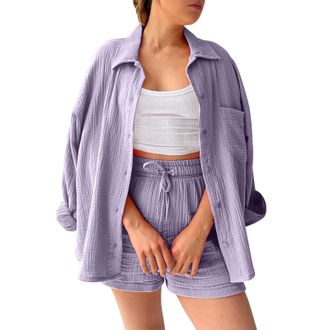 Generic Two-Piece Womens Summer Muslin Blouse Shirt and Shorts Clothes Aesthetic Two Piece Lounge Set Beach Outfit Set Two Piece Fashion Lightweight Holiday T