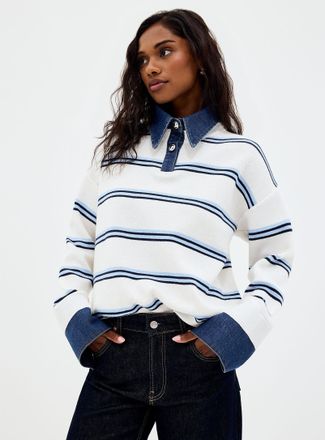 Contemporaine Womens Denim polo collar insert striped sweater