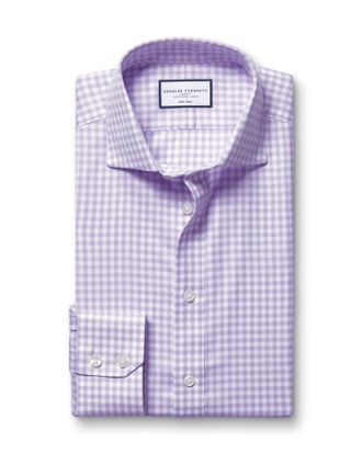 CHARLES TYRWHITT Non-Iron Twill Gingham Cotton Formal Shirt - Lilac Single Cuff Size 15.5/33 by Charles Tyrwhitt