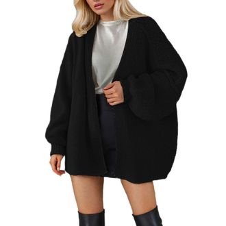 Generic Chunky Cable Knit Cardigans for Women UK Plus Size Balloon Sleeve Sweater Casual Open Front Jumpers Long Sleeve Oversize Cardigan Sweater S-5XL (Black