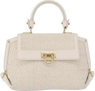 Ferragamo Sofia Satchel Woven Leather White Leather Handbag (Pre-Owned)