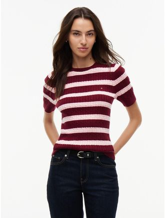 Tommy Hilfiger Womens Short-Sleeve Striped Cable Knit Sweater - Burgundy - XXL