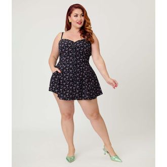 Unique Vintage Plus Size 1940s Sweetheart Skirted Romper in Black Ditzy Floral at Nordstrom, Size 1X