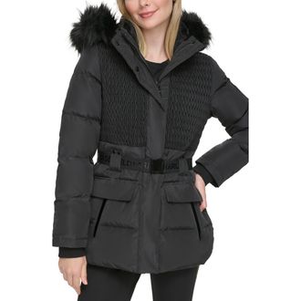 Karl Lagerfeld Smocked Belted Ski Puffer Jacket with Faux Fur Hood in Black at Nordstrom Rack, Size X-Small