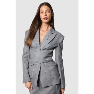 Coast Muse Check Tie Embellished Blazer in Grey at Nordstrom, Size 10