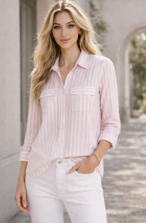 Beach Lunch Lounge Classic Striped Button Down Top In Pink