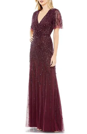 Mac Duggal Womens Embellished Flutter Sleeve Evening Gown in Aubergine at Nordstrom, Size 12
