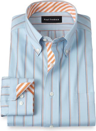 Paul Fredrick Tailored Fit Comfort Stretch Non-iron Stripe Dress Shirt With Contrast Trim