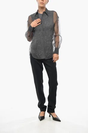 Brunello Cucinelli Camicia in Organza di Seta con Ricamo Frontale Brunello Cucinelli