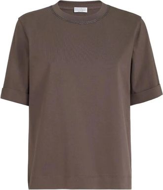 Brunello Cucinelli Embellished Neckline Cotton T-Shirt - Dames - T-shirts - Bruin - S - Katoen - Tops