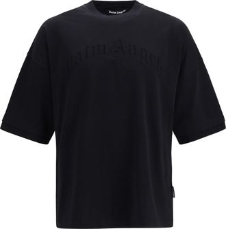 Palm Angels Mens T-Shirt Curved Logo Black Cotton T-Shirts And Polos