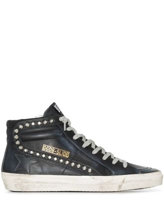 Golden Goose Slide Leather Upper Star List And Wave With Studs
