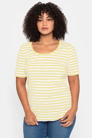 Sheego Kurzarmshirt SHEEGO T-Shirt, Damen, Gr. 44/46, zitrone, wei&szlig;, 100% Baumwolle, gemustert, gestreift, mehrfarbig, Rundhals, Shirts Kurzarmshirt