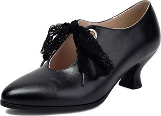 Generic Womens PU Leather Pumps Pointed Toe Low Stiletto Heel Lace Bow Decoration Cutout Design Soft Lining Reinforced Stitching Stylish Shoes,Black,5.5 UK