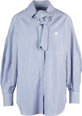 Marella Blue And White Striped Cotton Sport Shirt With Tie Neck Detail