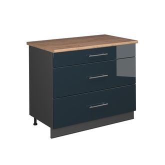 Vicco Mueble Bajo De Cocina Fame-line, Azul Oscuro Alto Brillo/antracita, 100 Cm, Et Roble, Vicco