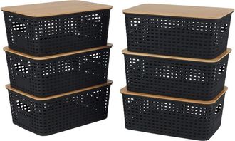 Relaxdays Relaxdays storage box, 6pc set, lid, plastic & bamboo, handles, HWD: 10.5x25.5x18cm, organiser, black