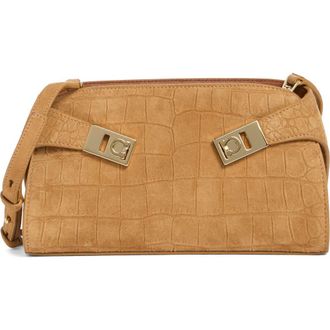Ferragamo Hug Croc Embossed Suede East/West Shoulder Bag in Naturale at Nordstrom