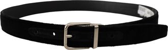 Dolce & Gabbana Mens Black Velvet Silver Tone Metal Logo Buckle Belt Grosgrain