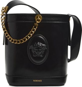 Versace Mini Pivot Leather Bucket Bag in Black-Gold 82 at Nordstrom