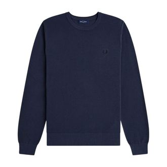 Fred Perry Round-neck Knitwear, male, Blue, Size: XL Piqu&eacute; Sweater