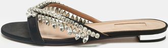 Aquazzura Black Satin Gem Palace Crystal Embellish Flat Slide