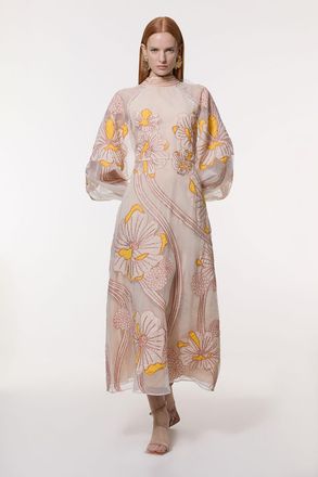 Karen Millen Womens Applique Organdie Floral Graphic Woven Maxi Dress - Yellow - Size 12 UK