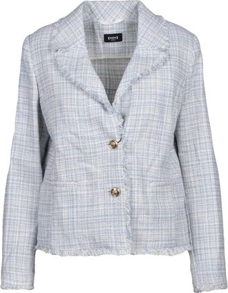 Marella Light Blue-White Jewel Button Checkered Cotton-Blend Blazer