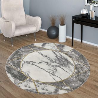 Paco Home Paco Home - Alfombras Pelo Corto Gris Dorado Suaves Sal&oacute;n Aspecto M&aacute;rmol Diferentes Dise&ntilde;os &Oslash; 160 Cm Redon, Oro 5