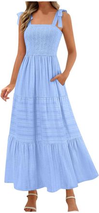 Generic Summer Dresses for Women UK Sexy Solid Sleeveless Maxi Dress Elastic Waist Boho Beach Dress with Pockets Ladies Elegant Baggy Square Neck Holiday Dres