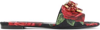 Dolce & Gabbana Platte sandalen met rozenprint brokaat - Dames - Sandalen - Veelkleurig - 38 EU - Katoen - Schoenen