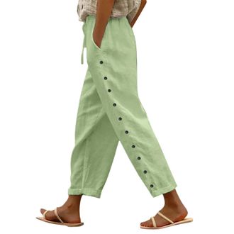 Generic Linen Trousers Womens Ladies Summer Trousers for Women UK Cropped Trouser Wide Leg Lightweight with Drawstring Pockets Casual Loose Palazzo Trouser So