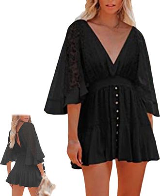 Generic Womens Batwing Sleeve Backless Romper Dress, Womens Lace Crochet Romper Dress, V Neck Ruffle Mini Dresses (Black,L)