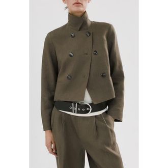 Mango Double Breasted Linen Jacket in Khaki Green at Nordstrom, Size X-Large